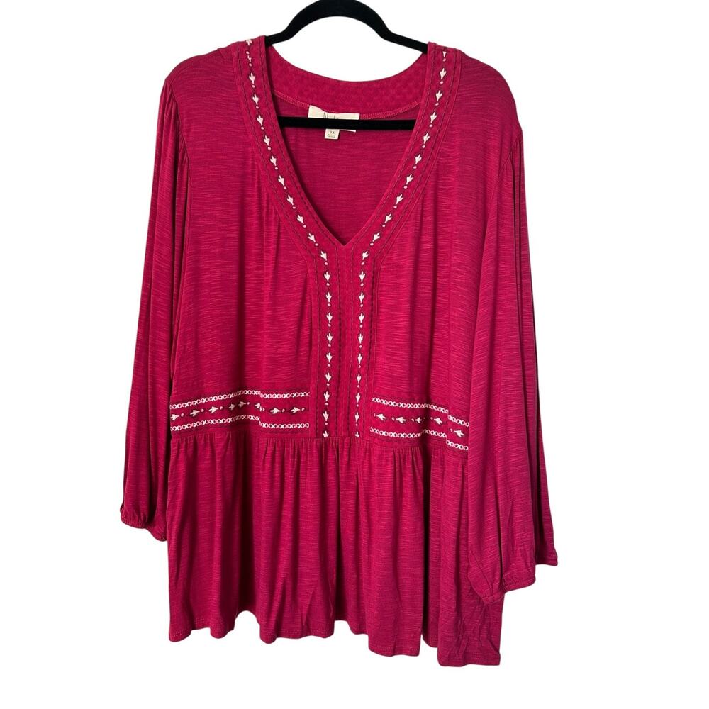 Nurture by Westbound Tunic Top‎ Women 2X Wine Balloon Sleeve Boho Peasant Peplum